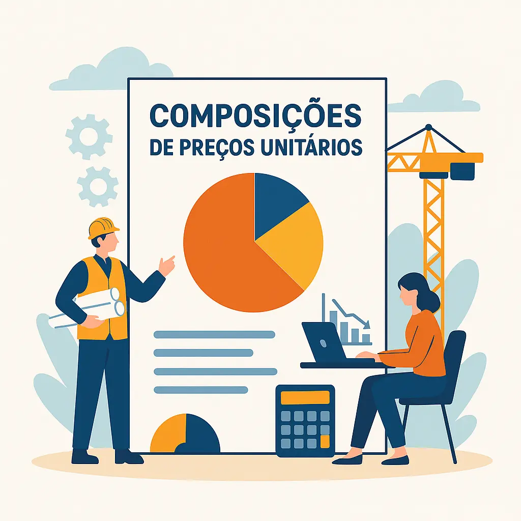 Ilustração de engenheiro e analista explicando a composição de preços unitários na construção civil