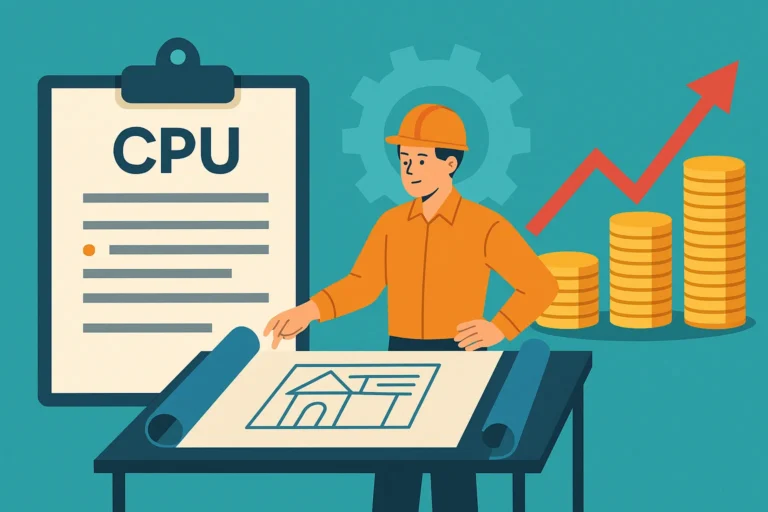 Ilustração de engenheiro e analista explicando a composição de preços unitários na construção civil