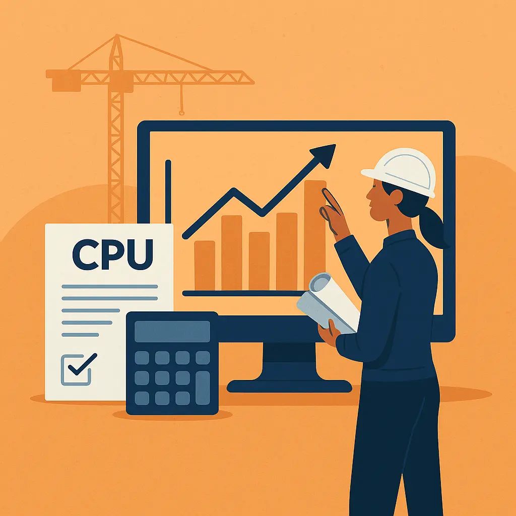 Engenheira analisando gráficos de custos com documento de CPU e cenário de obra ao fundo