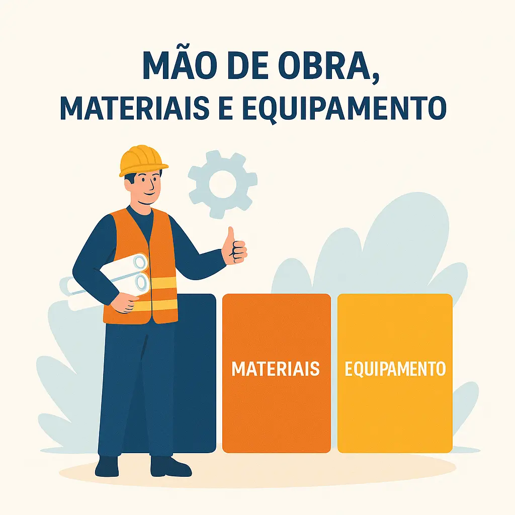 Engenheiro civil ao lado de gráficos representando mão de obra, materiais e equipamentos na composição de custos