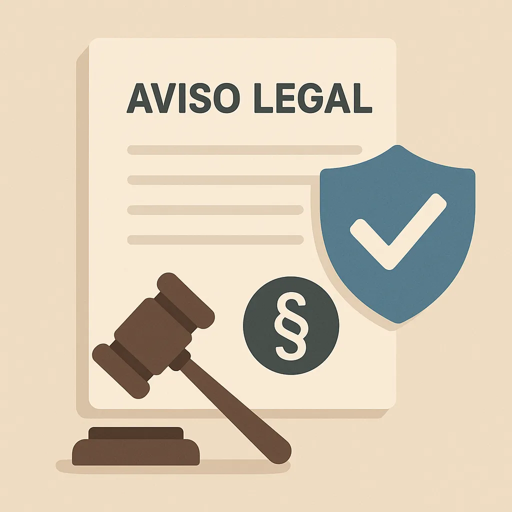 Ilustração com documento 'Aviso Legal', martelo de juiz, escudo com check.