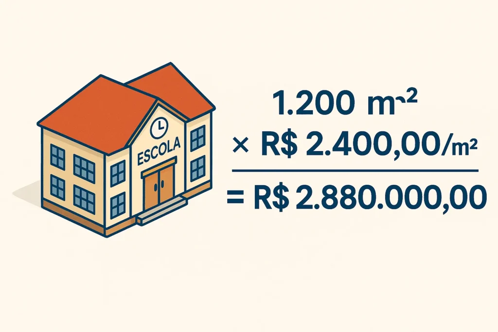 Ilustração de uma escola com cálculo de estimativa de custo usando CUB por metro quadrado