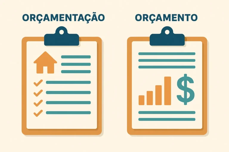 Ilustração comparativa com dois pranchetas: uma simbolizando a orçamentação com checklist e casa, e outra representando o orçamento com gráfico de barras e cifrão, ambas em estilo flat design.