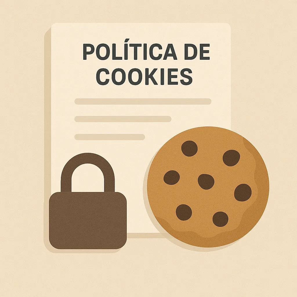 Ilustração com documento 'Política de Cookies', cadeado e biscoito com gotas de chocolate.