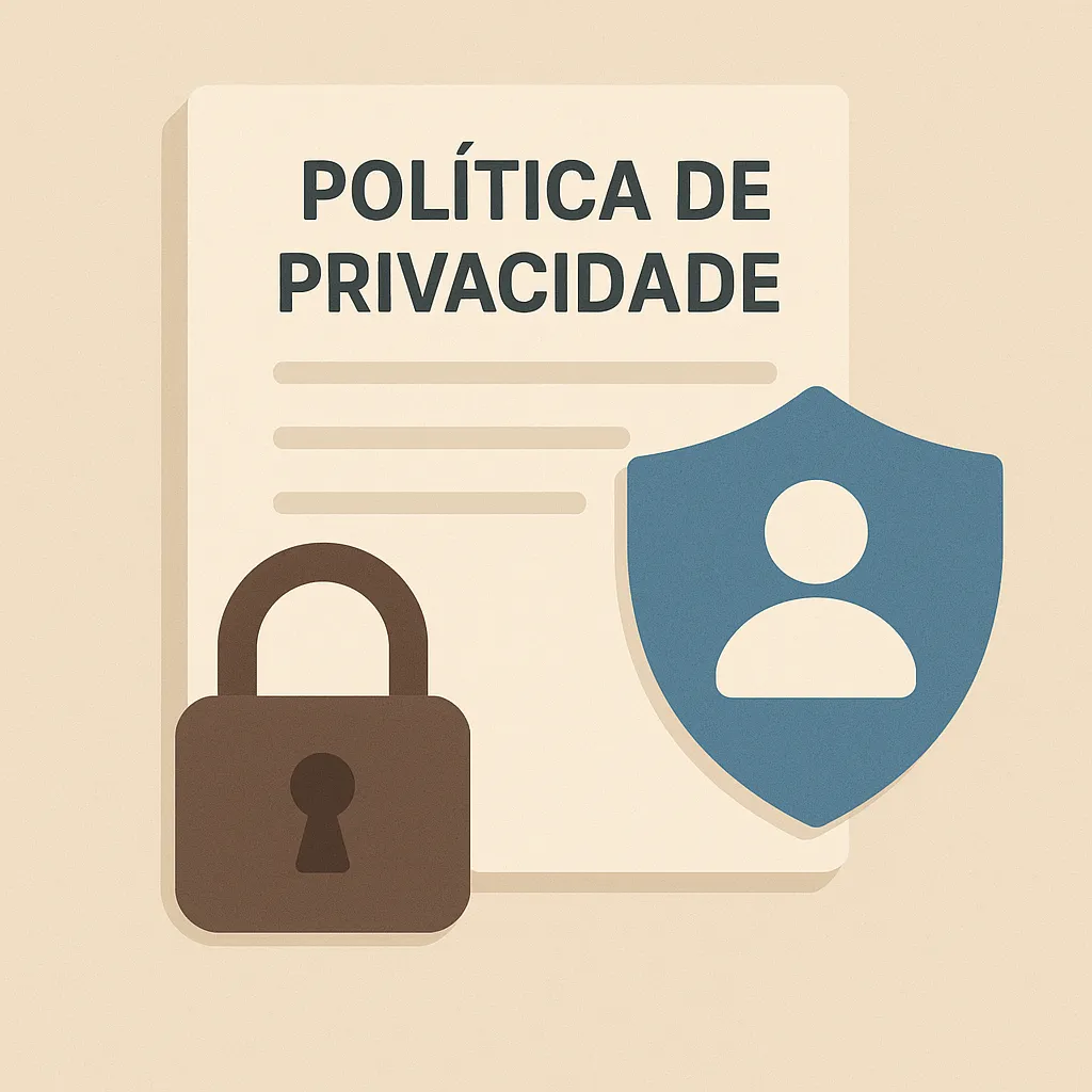 Ilustração com documento 'Política de Privacidade', cadeado e escudo com ícone de usuário.
