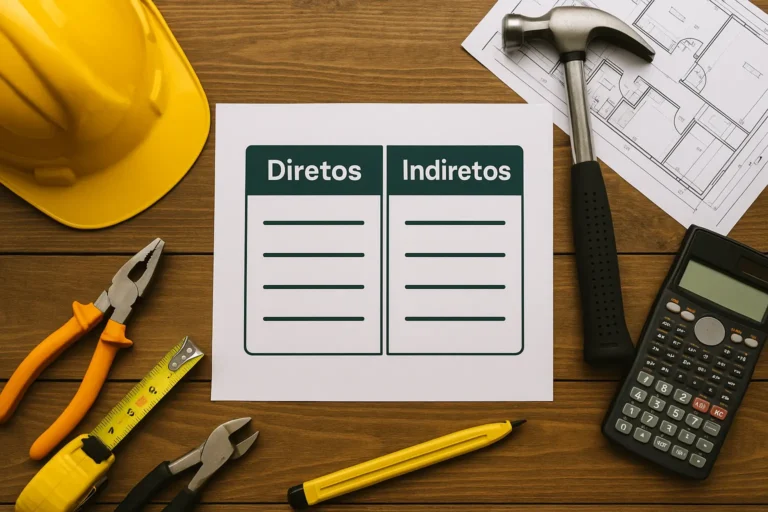 Tabela comparativa com colunas “Diretos” e “Indiretos” em meio a ferramentas de construção, capacete e planta baixa sobre mesa de madeira.