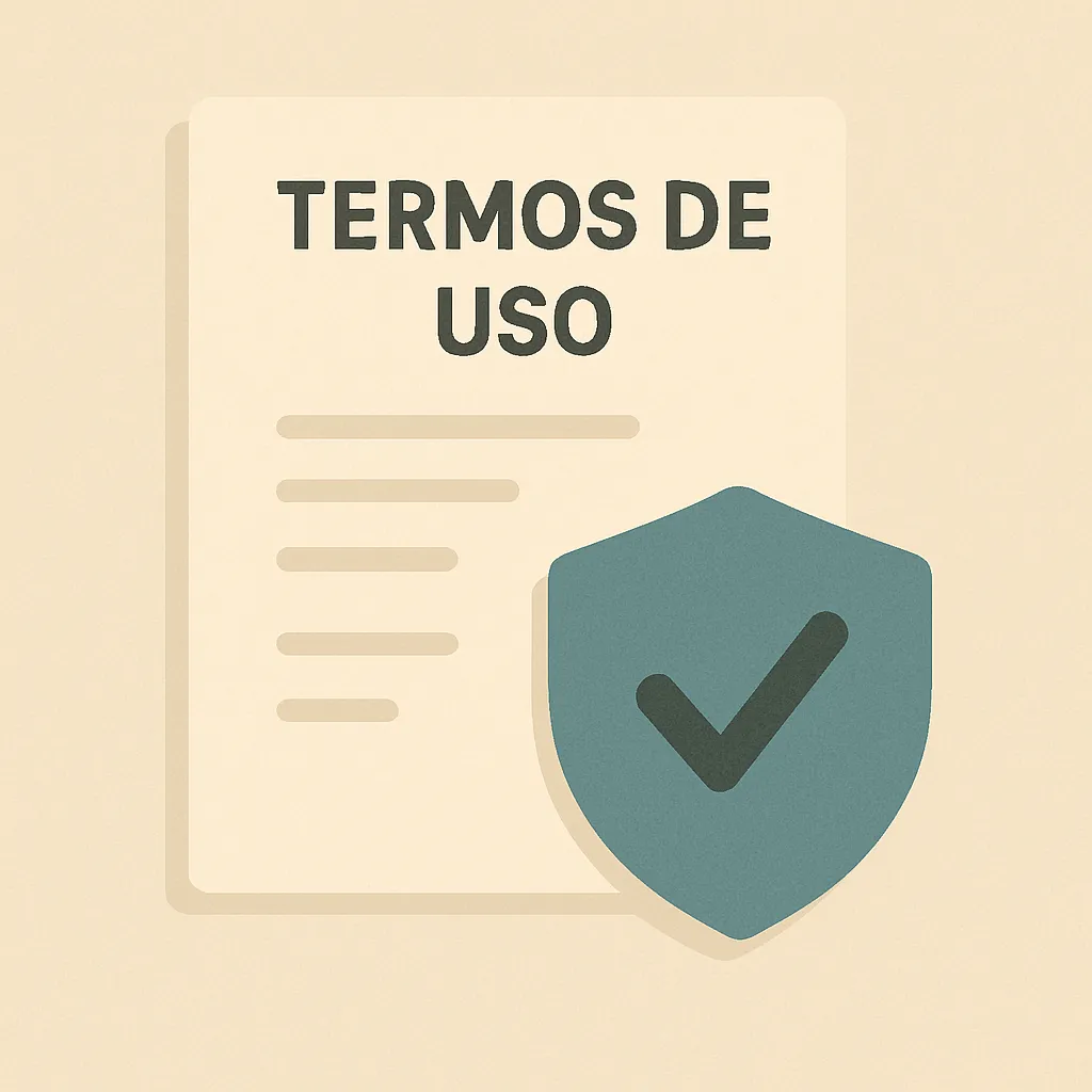 Ilustração com documento intitulado 'Termos de Uso' ao lado de um escudo azul com símbolo de check, representando segurança e conformidade.